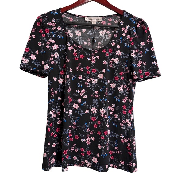 Catherine Malandrino Tops - Catherine Malandrino Womens Floral Scoop Neck Short Sleeve Top Black Pink S NWT